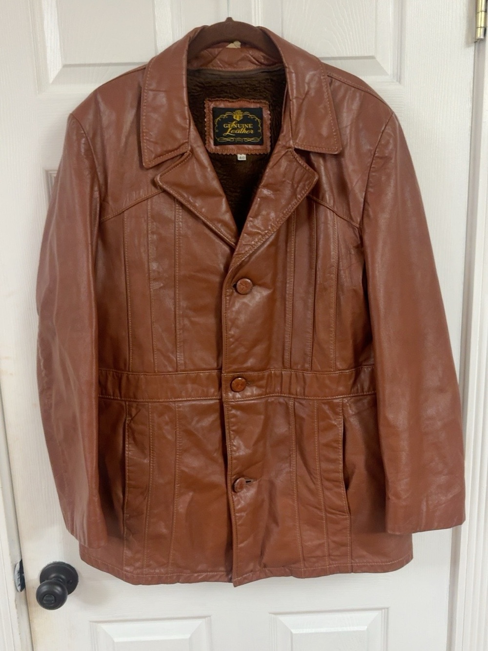 Men's Brown Genuine Leather Button-Front Pea Coat